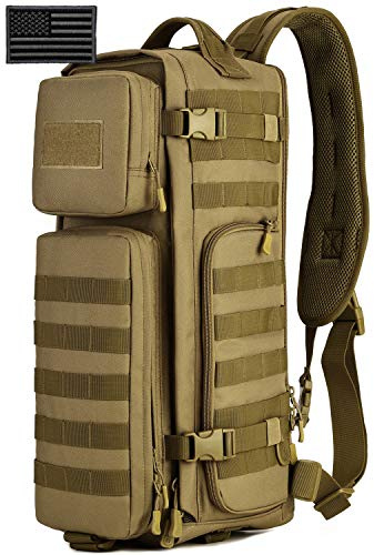 Protector Plus Tactical Sling Bag Military MOLLE Crossbody Pack Assault Range Chest Shoulder Backpack Motorcycle Bicycle Outdoor Daypack (Patch Included), Brown