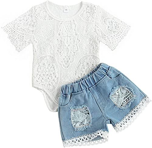 Juflam Småbarn spädbarn flicka kläder broderad spets sparkdräkt slitna jeans denim byxor outfit set, Vit-kort, 18-24 månader
