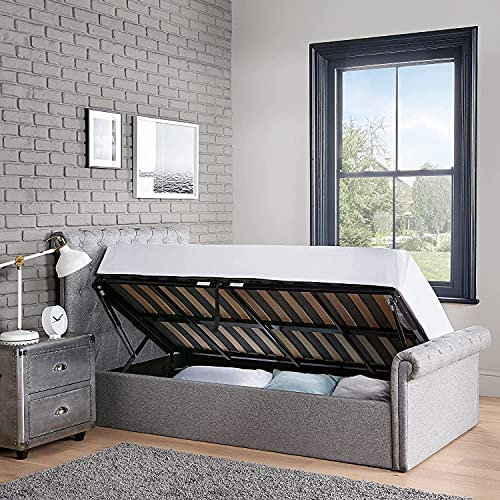 Home Treats Side Lift Ottoman Bed With Pocket Sprung Mattress | Single Bed Frame 3FT I Under Bed Storage Sleigh I Deluxe Padded Upholstery Grey (Single + Mattress)