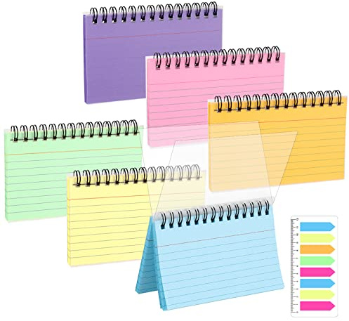 Dacitiery 6 Packs Index Cards, 300 Sheets Flash Cards Coil Multicolor Revision Flash Cards with 180 Sheets Sticky Index Tables Memo Note Revision Cards for Home School Office, Total 480 Sheets