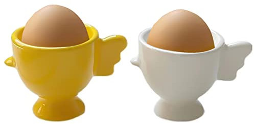 Eierbecher Lustig 2er Eierbecher Set aus Porzellan Eierbecher Keramik Praktische Eierhalter in Süß Kükenform Design Weiß + Gelb