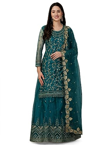 TRENDMALLS Women's Mono Net Kurta Lehenga Suit Set (TM.G112-Morpeach-XXL), Teal Blue