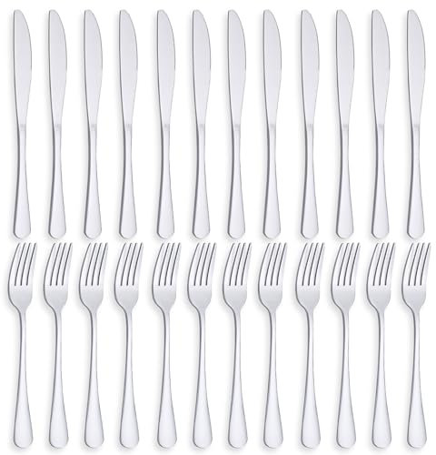 PionStar 24 Pieces Knife and Fork Sets, Premium Stainless Steel Cutlery Set for 12 People, Forks Set of 12 & Knives Set of 12, Dishwasher Safe/Mirror Polished, Silverware Set Include Knife and Fork