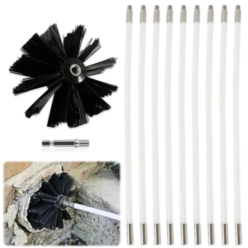 Udbrud Kit de Ramonage, Kit de Brosse Nettoyage Cheminée Poêle Pellet Réglable, Kit de Broussailles avec 9 Tiges en Nylon 410 mm, 1 Tête de Brosse 150mm et 1 Tige Hexagonale pour Tuyau d'égout