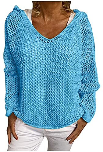 Pull Femme Col V Rond Coton Léger Manches Longues Crochet Ajouree Patchwork Multicolore Coupe Classique Pas Cher Hauts Sweater Torsade