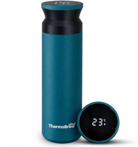 THERMOBREW Insulated Stainless Steel Hot Water Flask Thermal Water Bottle for Baby Bottles and Hot Drinks Insulated Coffe Mug Flask with Tempereture Display 500ML (Cobalt Blue)