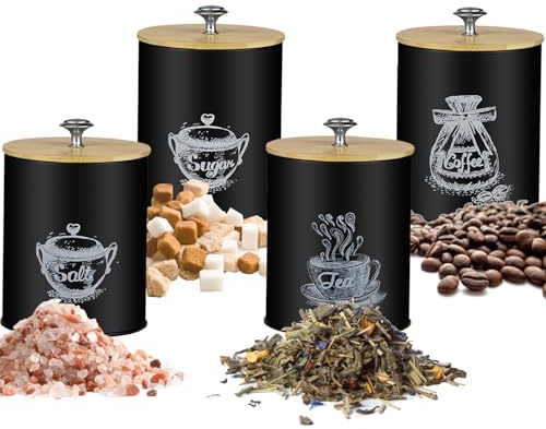 Ruhhy Juego de Envases para Alimentos, Botes Herméticos para Café, Té, Azucarero y Salero con Tapa, Grande, Redondo, Acero Negro 24578
