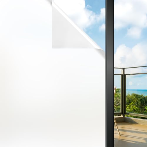 Funfox Frosted Window Film Privacy Static Cling 44.5x600cm - Matte White Opaque Vinyl Sticker for Bathroom Door & Office Glass, Non-Adhesive UV Protection Film