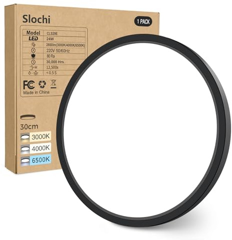 slochi Bathroom Light, 3000K/4000K/6500K 3 Color Temperature, Waterproof, Small, Round, Modern, Flush Ceiling Light for Bathroom, Kitchen, Bedroom, Hallway and MoreØ30CM(Black)