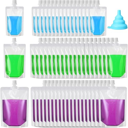Patelai 90 Pieces Plastic Liquid Pouch Reusable Juice Pouches Travel Water Pouch Leak Proof Bags Bulk with Collapsible Silicone Funnel for Travel Outdoor (8 Oz,16 Oz,24 oz)