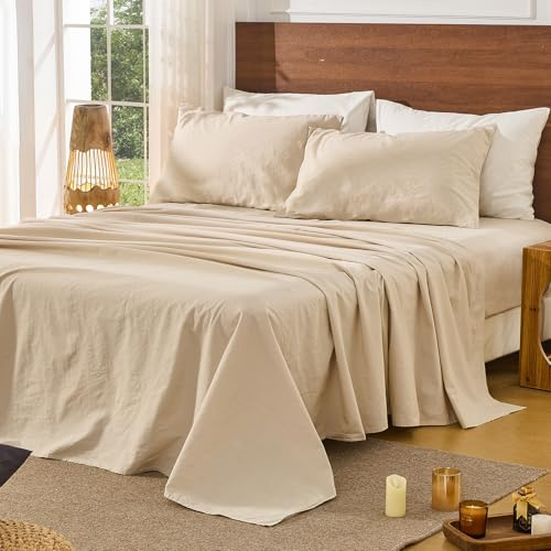 Bedlifes 100% French Pure Linen Sheets King Size Breathable and Cooling Flax Sheet Set Soft Durable and Moisture Wicking 16 Inch Deep Pocket-4 Piece(King,Linen)