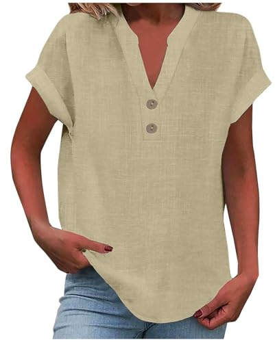 Camicia Donna Estiva Manica Corta Camicetta in Lino Cotone Elegante Blusa Maglietta Scollo a V Top con Bottoni Moda Casual T Shirt Tinta Unita Classico