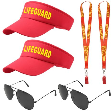 TUONYIS 6 Pcs Lifeguard Costume Set, Life Guard Costume Accessories, Include Red Adjustable Sunscreen Hats, Lifeguard Whistle, Sunglasses, for Men Women Pool Party, Beach, Cosplay Halloween (Red)