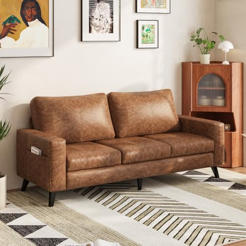 YODOLLA 3 Seater Modern Faux Leather Sofa Couch 200cm,Brown | Large Upholstered Saddle Brown Sofa, for Living Room, Office, Hotel & Bedroom ,Multi-Space Home Furniture