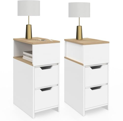 IDMarket - Lot de 2 Tables de Chevet étroites Anouk 2 tiroirs avec Niche latérale réversible Blanc et Bois