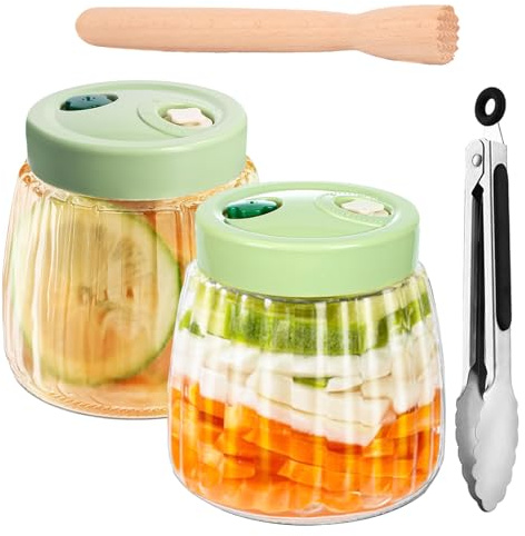 2 Tarros de Fermentación de Vidrio 1L con Doble Válvula, Fermentador Multiusos, con Pinzas y Machacador de Fermentación, Tarros de Conserva , Frascos Herméticos, para Kimchi, Chucrut, Mermeladas