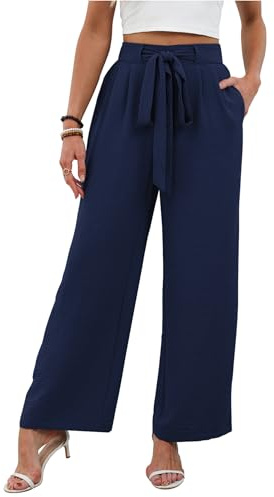 Tolaler Pantalones Mujer Verano Anchos Casual Largo Pantalon Cintura Alta Elástico con Bolsillos Cómodos Fluido Elegante Azul Marino M