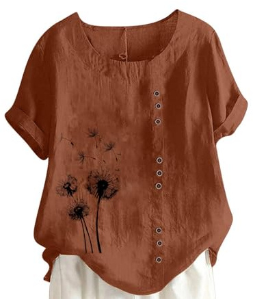 Chemisier Lin pour Femme Chemisiers Coton Et Lin Col Round Bouton Manches Courtes T Shirt Imprimé Fleuri Mode Lâche Respirant Chemise Tops D'Été Décontracté Ample Blouses Élégant Chic