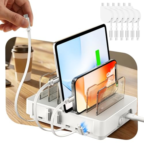 SooPii HomeHub H1 60 W laddningsstation för flera enheter, vit | Snabbladdare med 6 portar med utdragbara kablar (4 x C 2 x iP), för iPhone 17/16 Pro Max, Samsung S26/25, iPad, surfplatta