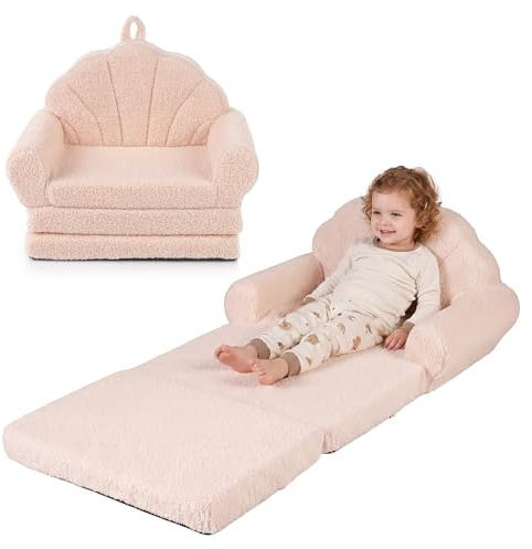 GOPLUS Sofá Plegable para Niños, Sofá Cama 2 en 1 con Funda de Forro Polar Lavable, Respaldo en Forma de Concha y Reposabrazos, Sillón Infantil de Espuma para Niños de 3+ Años (Beige)