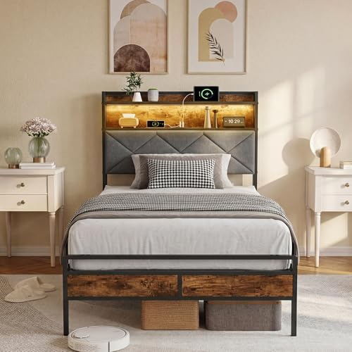 DULRLLY enkelsäng 90x200, metallsäng med LED-belysning och USB-laddningsfunktion, enkelsäng med trä gavel och förvaringsutrymme, ungdomsäng med sängram och ribbotten för pojkar och tonåringar