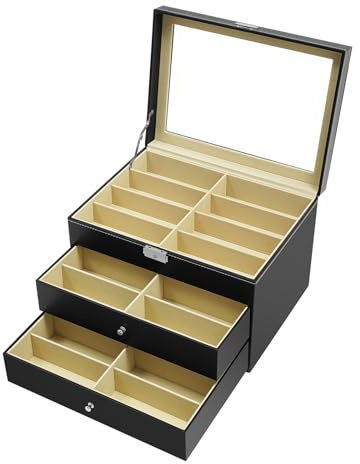 YIEMJS Scatola per occhiali a 3 ripiani, 24 occhiali, custodia per occhiali da sole, contenitore per occhiali da sole con finestrella, serratura a chiave, occhiali in pelle, cofanetto per occhiali da