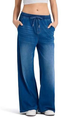 LaiEr Jeans Donna a Gamba Larga Alta Elasticità con Vita Regolabile con Coulisse.Palazzo Jeans da Donna Dritti in Denim Morbidi e Comodi,Ideali per Look Eleganti,Sport, Palestra,Tempo Libero e Yoga