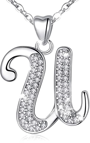 AEONSLOVE Initial Necklace Sterling Silver Letter Necklace Letter U Alphabet Personalized Pendant Jewellery with Cubic Zirconia Gifts for Women Girls