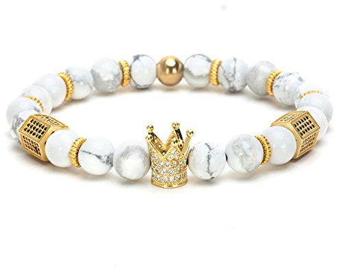 SEVENSTONE 8mm Crown King Charm Bracelet for Men Women Black Matte Onyx Stone Beads, 7.5