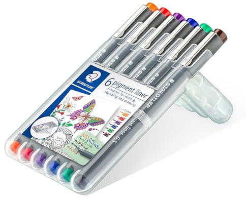 STAEDTLER bunte pigment liner, dokumentenechte Pigmenttinte, lange Metallspitze, Linienbreite 0,5mm, lange Lebensdauer, 6 Liner in 6 unterschiedlichen Farben, 30805-SSB6