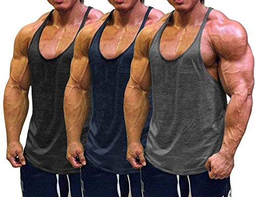 Muscle Cmdr Men's 3 Pack Stringer Tank Tops Bodybuilding Y-Back Gym Fitness Workout Training Running T-Shirts Athletic Quick Dry Top (Black,Grey,Blue,Thin Shoulder, M)