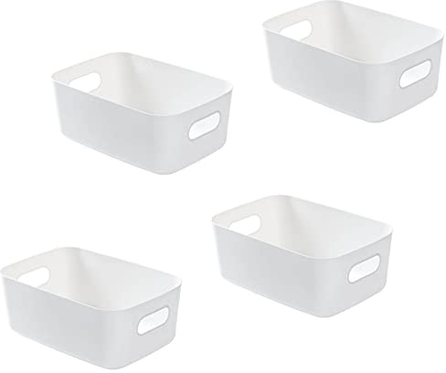 Bgfuni Set of 4 White Plastic Storage Baskets, Kitchen Cupboard Storage Tray, Bathroom Drawer with Handle for Stacking Kitchen, Bedroom, Office, 19 x 13.5 x 7.5 cm (White)