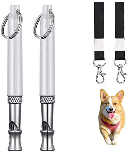 2 juegos de silbato para perros, silbato recordatorio profesional, silbato antiladridos, silbato ultrasónico para perros a distancia, para educación y entrenamiento, con dos cuerdas, blanco
