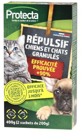 Protecta® - Granulés Répulsifs Chiens & Chats 200g – Anti-Griffures & Marquages Urinaires – Efficacité Prouvée – Protection Jusqu’à 3 Mois – Tous Types de Surfaces – Usage Extérieur