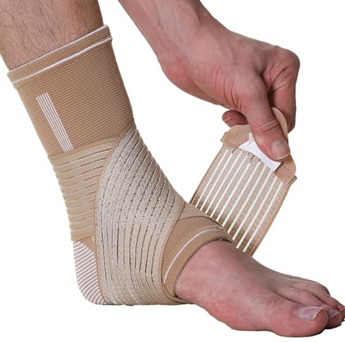 NEOtech Care - Tutore per caviglia a fascia - Tessuto elastico e traspirante - compressione regolabile con fascia a strappo - uomo, donna, ragazzo - piede destro o sinistro (Beige, L, 1 Pezzo)