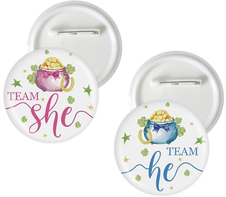 10 Pcs St. Patrick's Day Gender Reveal Button Pins, Team He and Team She Badge Pins, Pots of Gold Gender Reveal Pins, Team Boy Team Girl Stain Brooch Button for Baby Shower Party Decorations