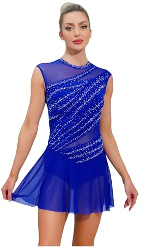 YEAHDOR Donna Abito da Pattinaggio Artistico sul Ghiaccio Paillettes Body da Balletto Senza Maniche Leotards Danza Classica Vestito Ballo Lirico Dancewear Blu Reale S