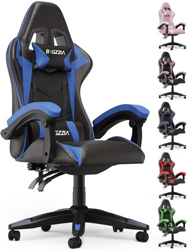 Bigzzia Gaming-Stuhl, ergonomisch, aus PU-Leder, höhenverstellbar, mit Lendenkissen und Kopfstütze, bequemer Gamer-Sessel für Erwachsene, Mädchen und Jungen Dunkelblau