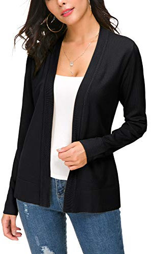 EXCHIC Damen Elegant Langarm Elastisch Strickjacke Cardigan Casual Leicht V-Ausschnitt Gestrickt Blazer (L, Schwarz)
