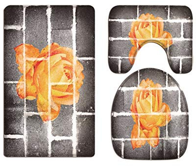 A.Monamour Badezimmer Badematte 3 Teilig Set Orange Rose Blume Wand Graffiti Grau Ziegel Wand Bad Matte Teppich Für Toilettenzubehör Flanell Saugfähig Badteppiche Badvorleger Badgarnitur WC Vorleger