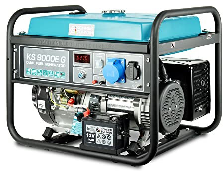 K&S Könner&Söhner KS 9000E G - Generador de gasolina (6500 W, toma manual y eléctrica, 1 x 16 A, 1 x 32 (230 V), 12 V con AVR, generador de corriente con protección contra cortocircuitos