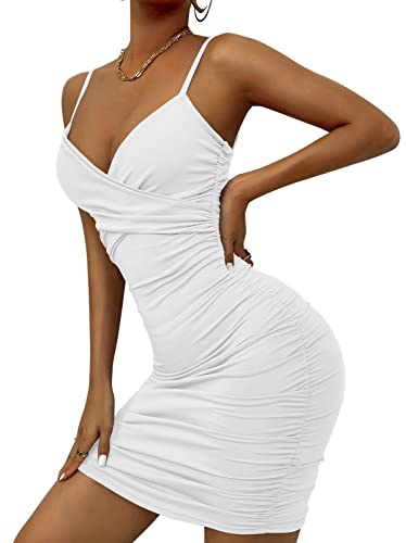 AIEOE Vestido Ajustado Tirantes Mujer Sexy con Escote en V Espalda Descubierta Elegante Corto Talla M Blanco