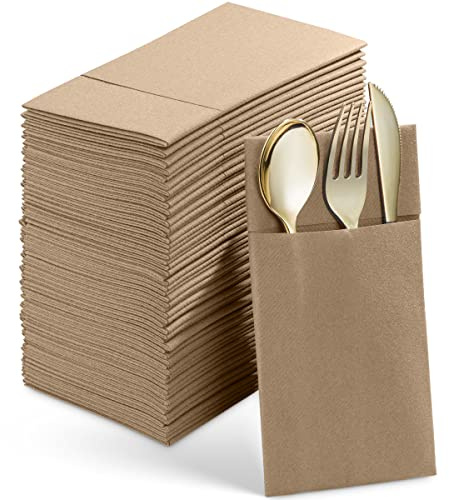 Engångs linnekänsla middagsservetter med inbyggd bestickficka, 50-pack trä färdigställd duk som pappersservetter för bröllop, middag eller fest