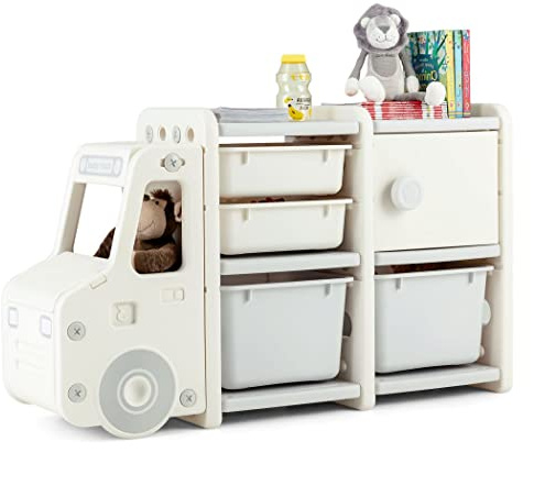 COSTWAY Kids Storage Units, Children Toy Organizer with Plastic Bins, Pull-Out Drawers and Door Cabinet, Toddler Storage Chest for Nursery Playroom Bedroom (Car Shape, 112 x 35 x 66cm)