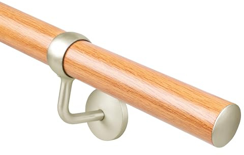 EAI Handrails for Stairs | Oak Effect and Brushed Silver Banister Hand Rail KIt 3600mm for Indoor Staircase Includes 3 Rails & 4 Handrail Brackets