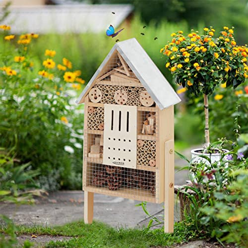 Unibos | Insect Hotel with Leg | Extra Large Nesting Habitat | Eco-Friendly Bug House for Bees Butterflies Insects in Garden | Weather Resistant - Metal Roof | 58 x 39cm