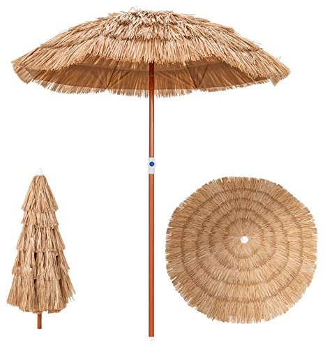 GOPLUS Sonnenschirm Hawaii 155cm, Strohschirm um 30° knickbar, Strandschirm höhenverstellbar, Bast Sonnenschirm mit 8 Rippen & 5 Schichten, UV-Schutz, Terrassenschirm tragbar leicht, Tischschirm