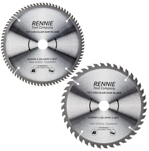 Rennie Tools 2 Pack - 210mm x 40T & 80T x 25.4mm Bore TCT Circular Wood Saw Blades Fits Evolution Saws & Evolution Rage Saws. 210mm Saw Blades 25.4mm Bore With 40 Teeth And 80 Teeth