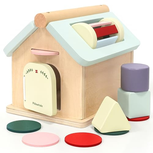 Pillowhale Montessori Activity Cube for Toddlers 1+, Wooden 5-in-1 Learning Toy with Object Permanence Box, Shape Sorting & Stacking, Fine Motor Skills Toy for Baby Boys Girls