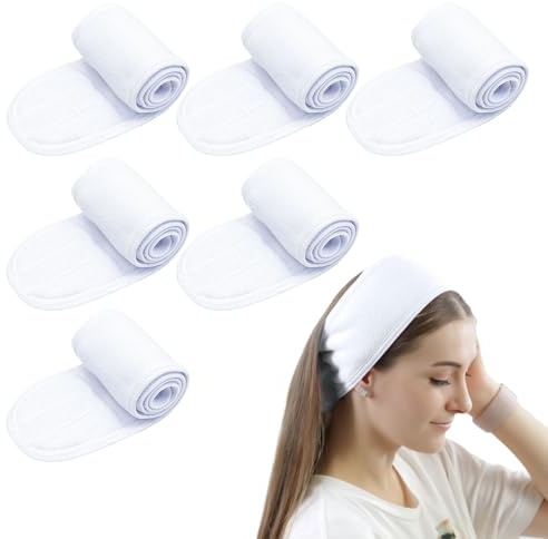 TUONYIS 6 Pièces Bandeau Maquillage Cheveux Femme Réglable Headband avec Magic Tape Élastique pour Le Bain, Maquillage, Yoga, Spa, Exercice (Blanc)